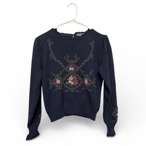 True Vintage Herman Geist 100% Wool Navy Sweater with Floral Embroidery SP